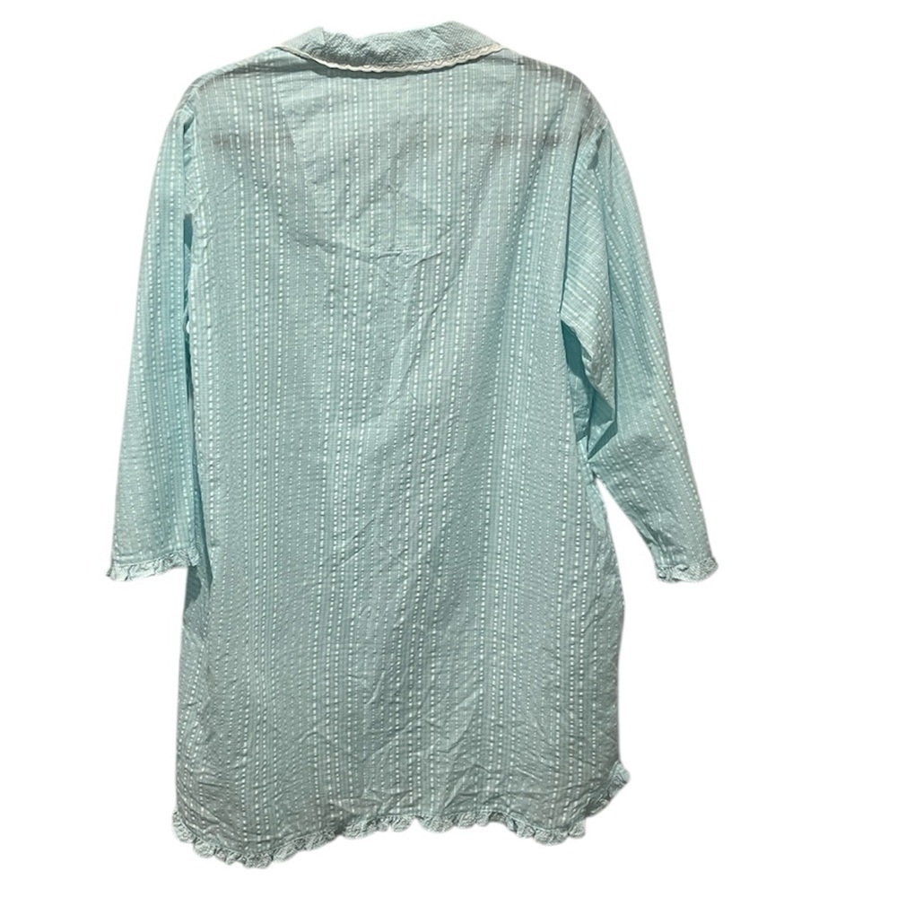 Miss Elaine Aqua and white seersucker long sleeve button down night shirt Large - Picture 2 of 7